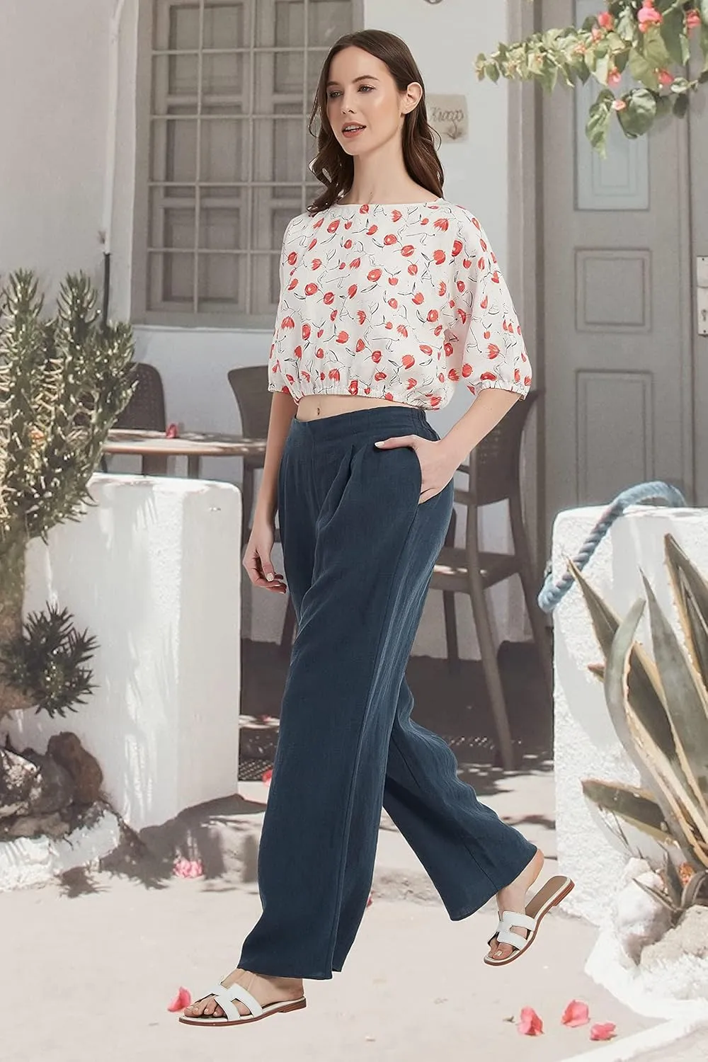 Women's Drape Linen Pants Summer Wide Leg Trousers Compact Fabric with Pockets