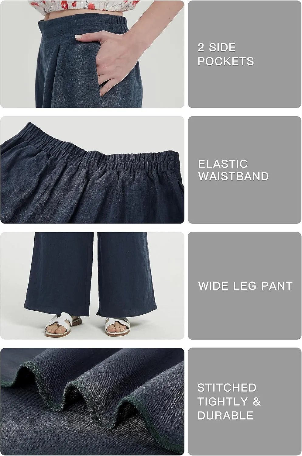 Women's Drape Linen Pants Summer Wide Leg Trousers Compact Fabric with Pockets