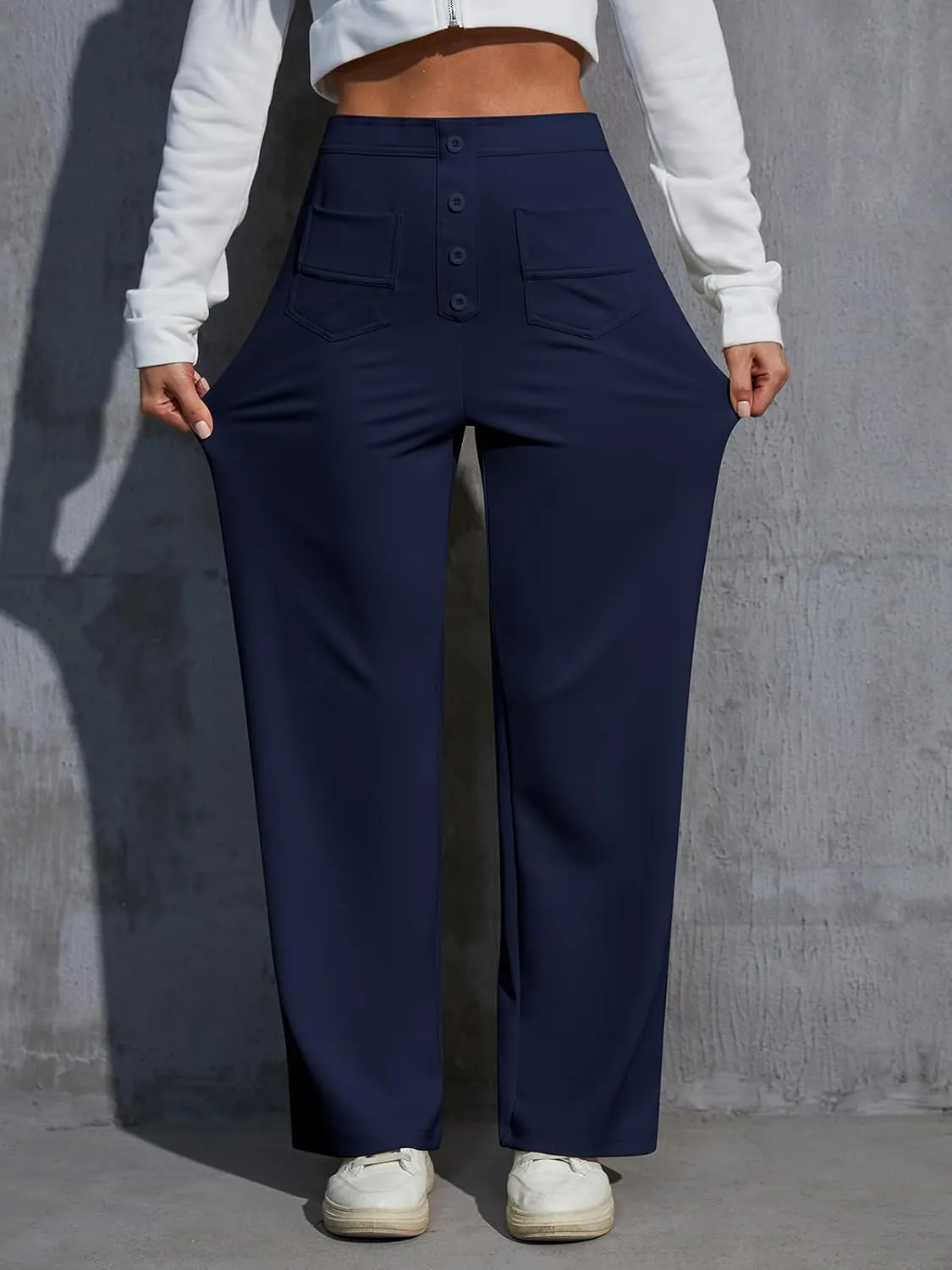 Women's Dress Pants with Pockets Stretchy High Waist Wide Leg Pants Business Casual Women Work Pants