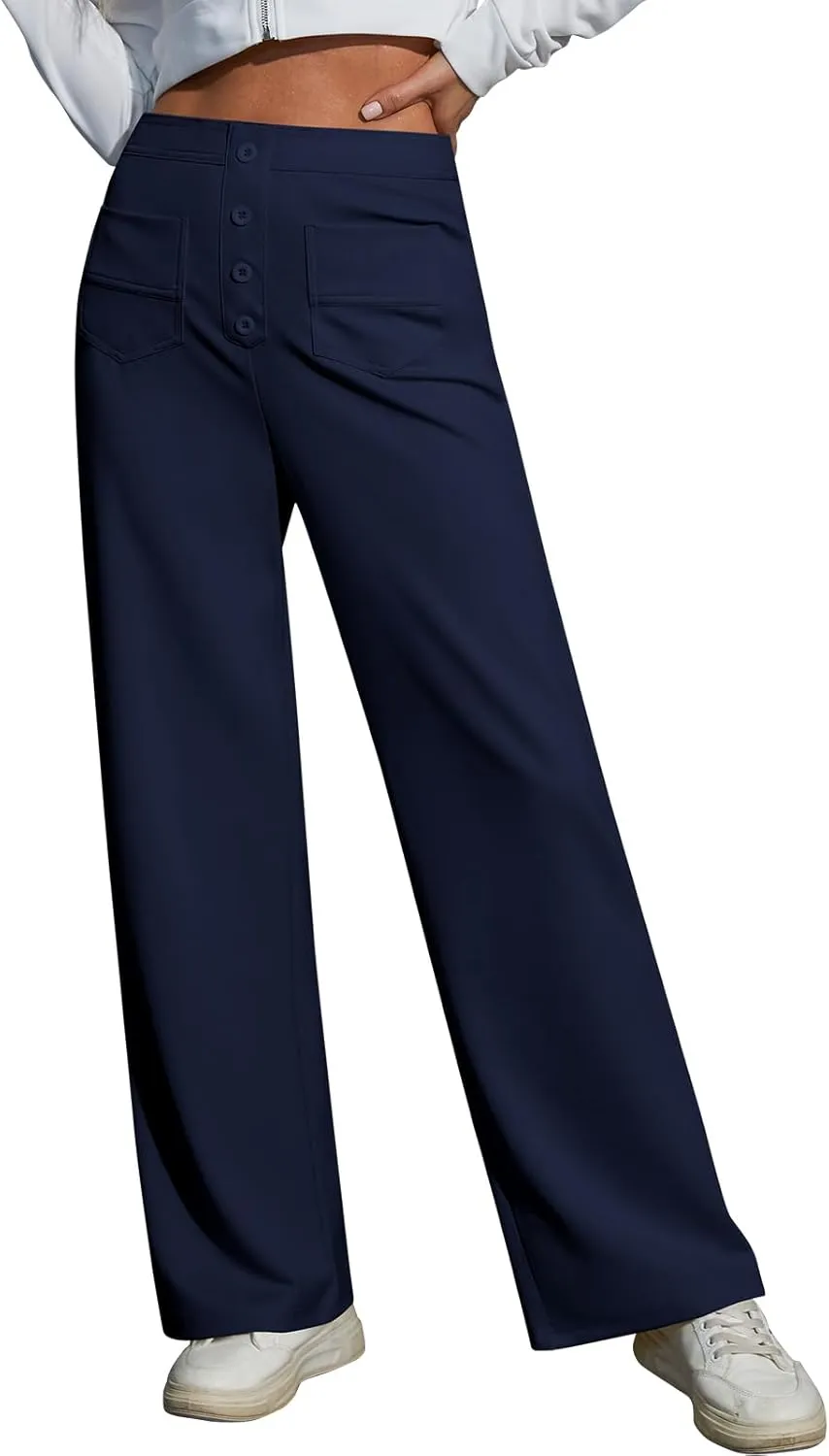 Women's Dress Pants with Pockets Stretchy High Waist Wide Leg Pants Business Casual Women Work Pants