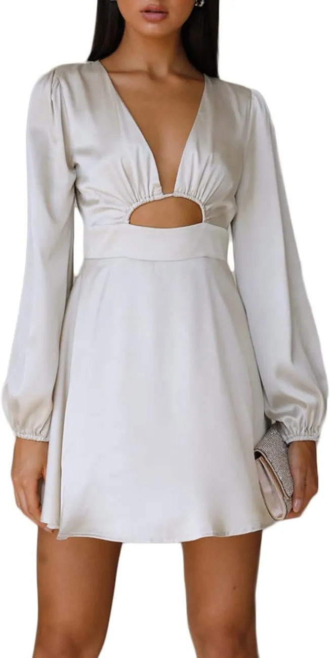 Women's Dress Satin Deep V-Neck Long Sleeve Mini Dress Silk Lantern Sleeve A-Line Front Cut Out Dresses