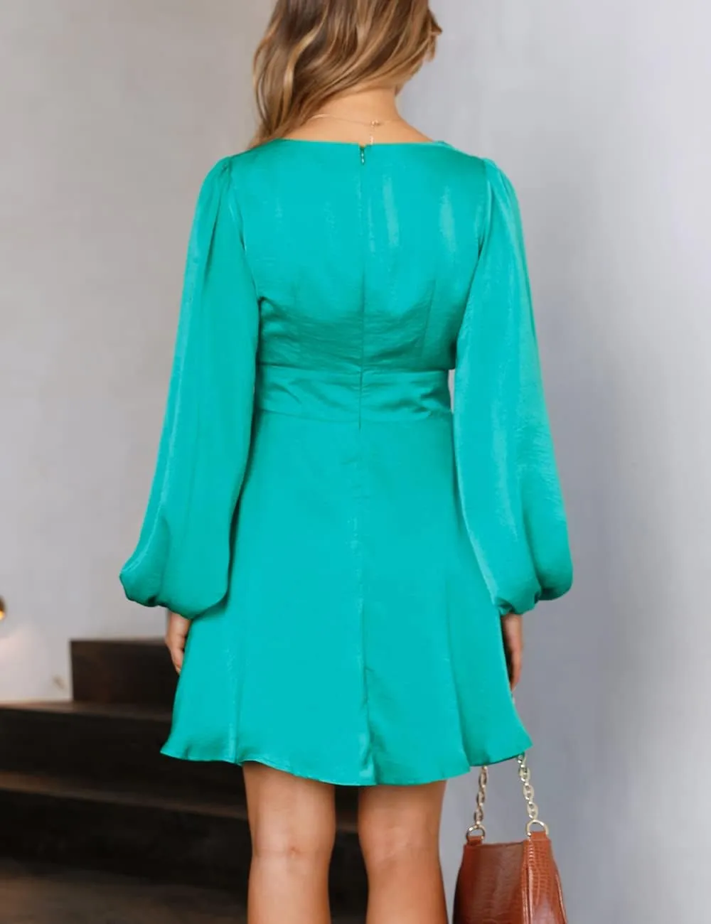 Women's Dress Satin Deep V-Neck Long Sleeve Mini Dress Silk Lantern Sleeve A-Line Front Cut Out Dresses