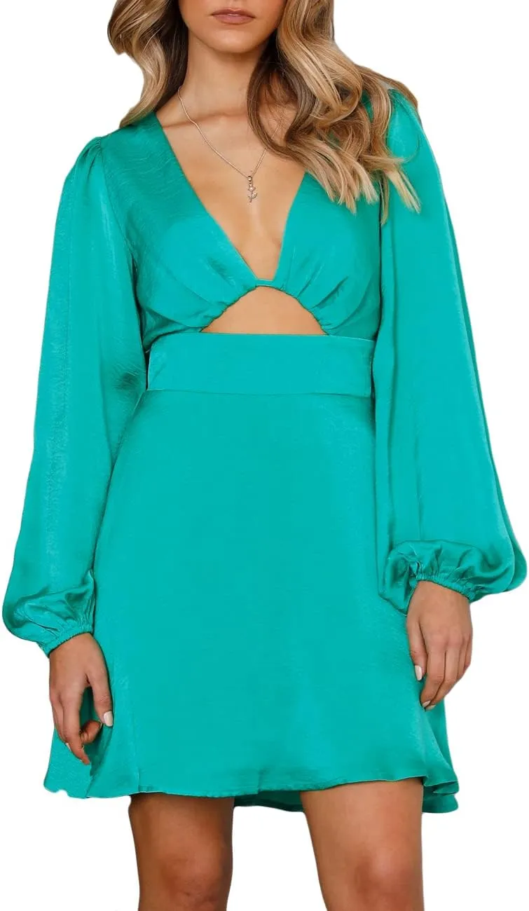 Women's Dress Satin Deep V-Neck Long Sleeve Mini Dress Silk Lantern Sleeve A-Line Front Cut Out Dresses