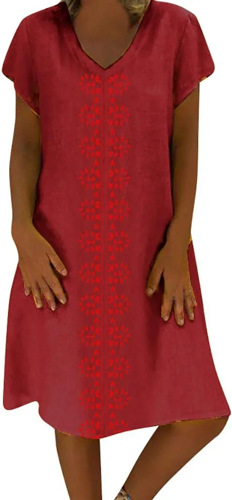 Womens Dress Summer Plus Size V Neck Print Cotton Linen Casual MIdi Dress(Wine,XXXL)