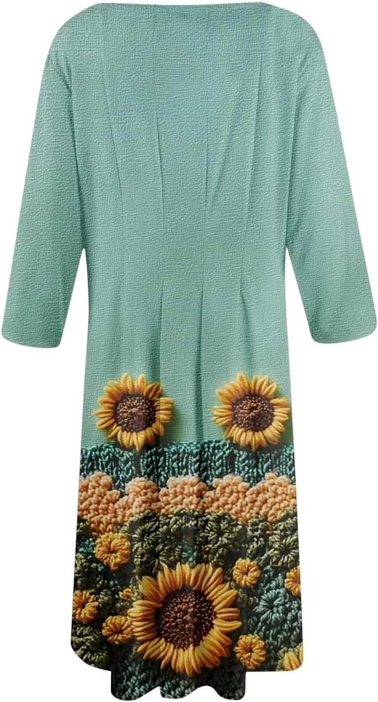 Womens Dresses Casual Spring 3/4 Sleeve A Line Dress Floral Print Midi Dress Summer Pleated Dress with Pocket
