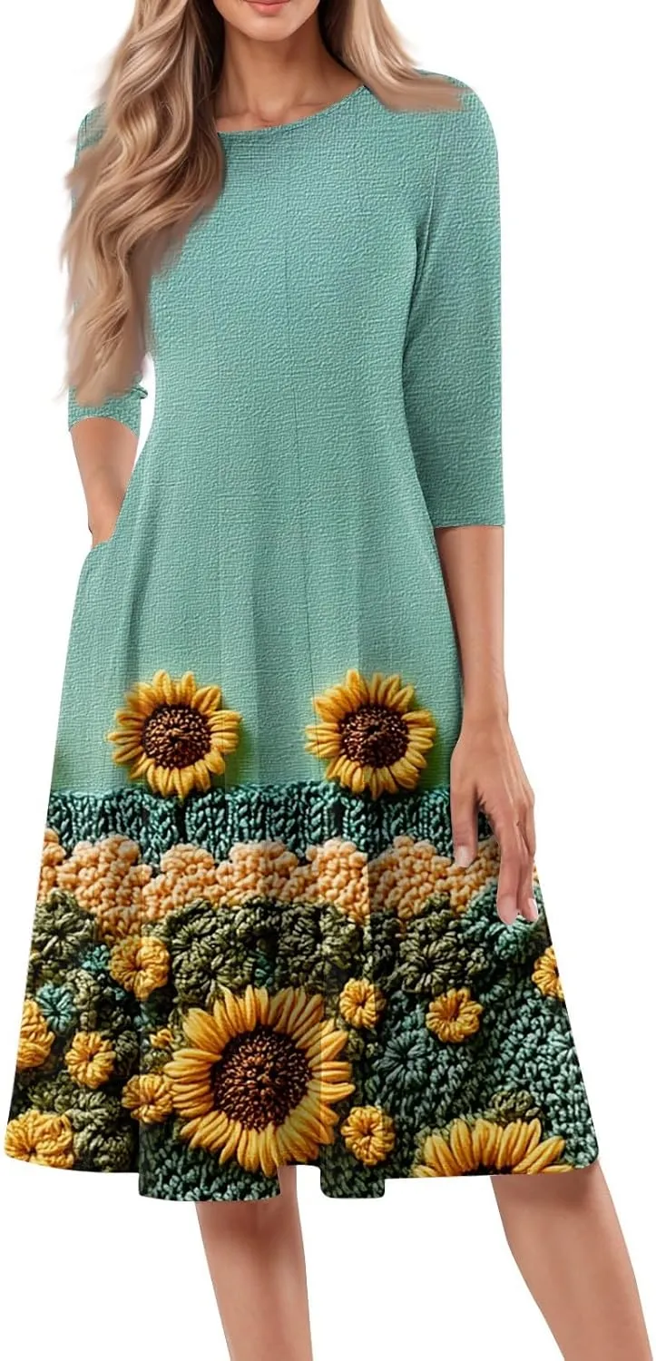 Womens Dresses Casual Spring 3/4 Sleeve A Line Dress Floral Print Midi Dress Summer Pleated Dress with Pocket