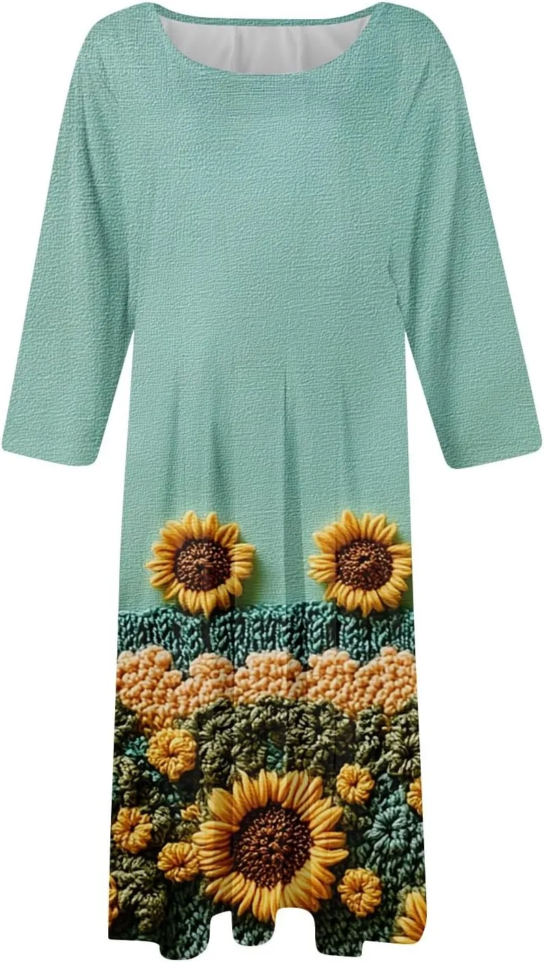 Womens Dresses Casual Spring 3/4 Sleeve A Line Dress Floral Print Midi Dress Summer Pleated Dress with Pocket
