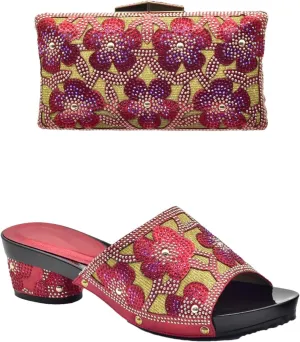 Women's EN8 Color Nigerian Shoe & Bag Set - Italian Rhinestone Pumps & Matching Clutch for African Weddings