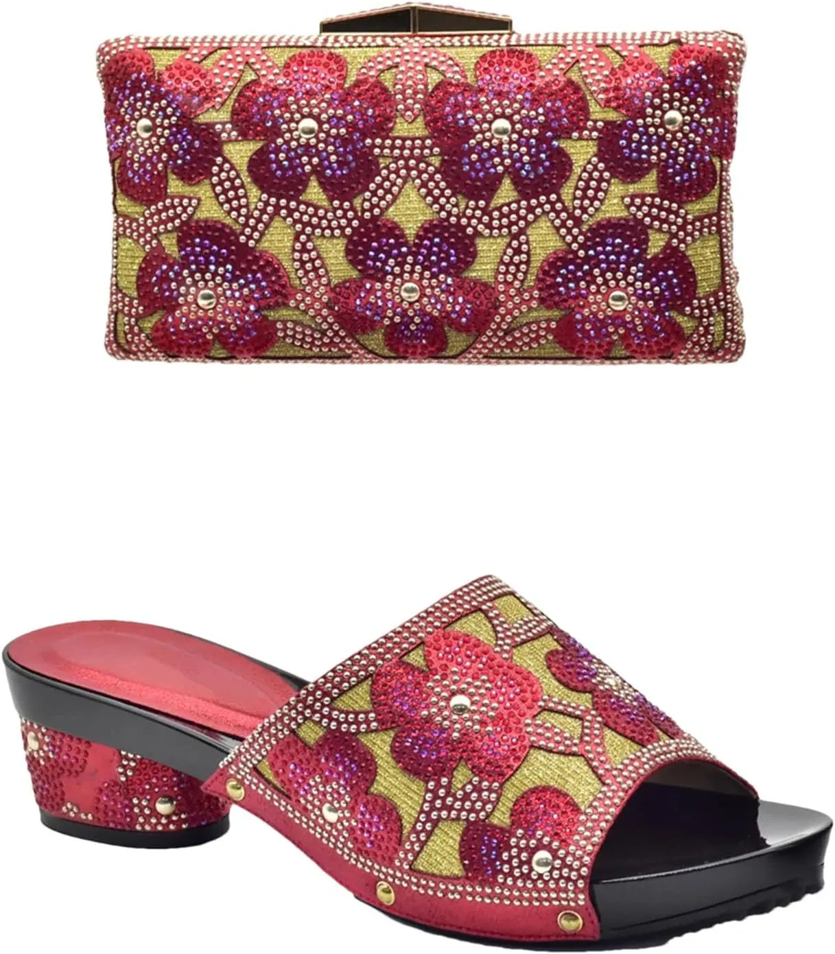 Women's EN8 Color Nigerian Shoe & Bag Set - Italian Rhinestone Pumps & Matching Clutch for African Weddings