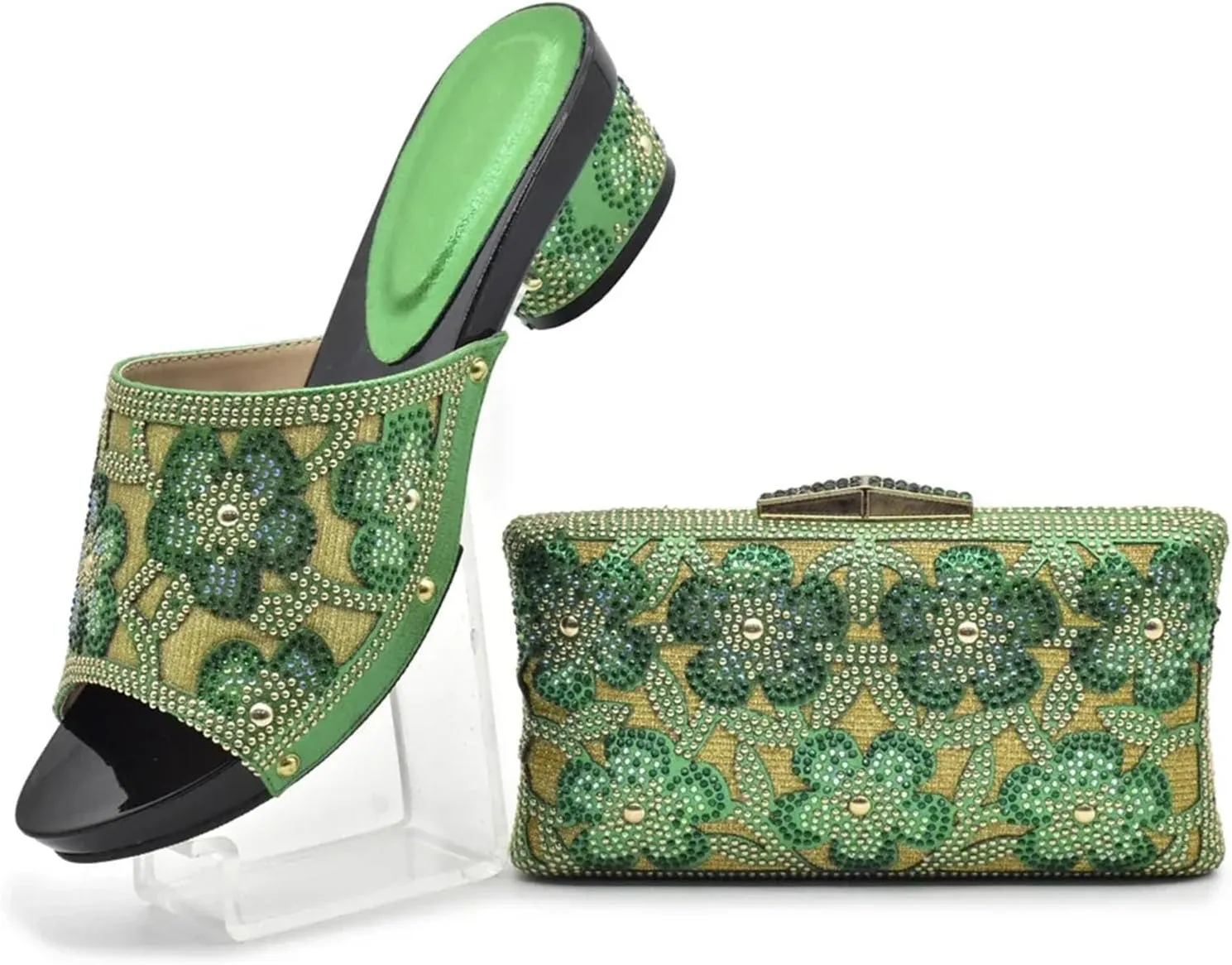 Women's EN8 Color Nigerian Shoe & Bag Set - Italian Rhinestone Pumps & Matching Clutch for African Weddings