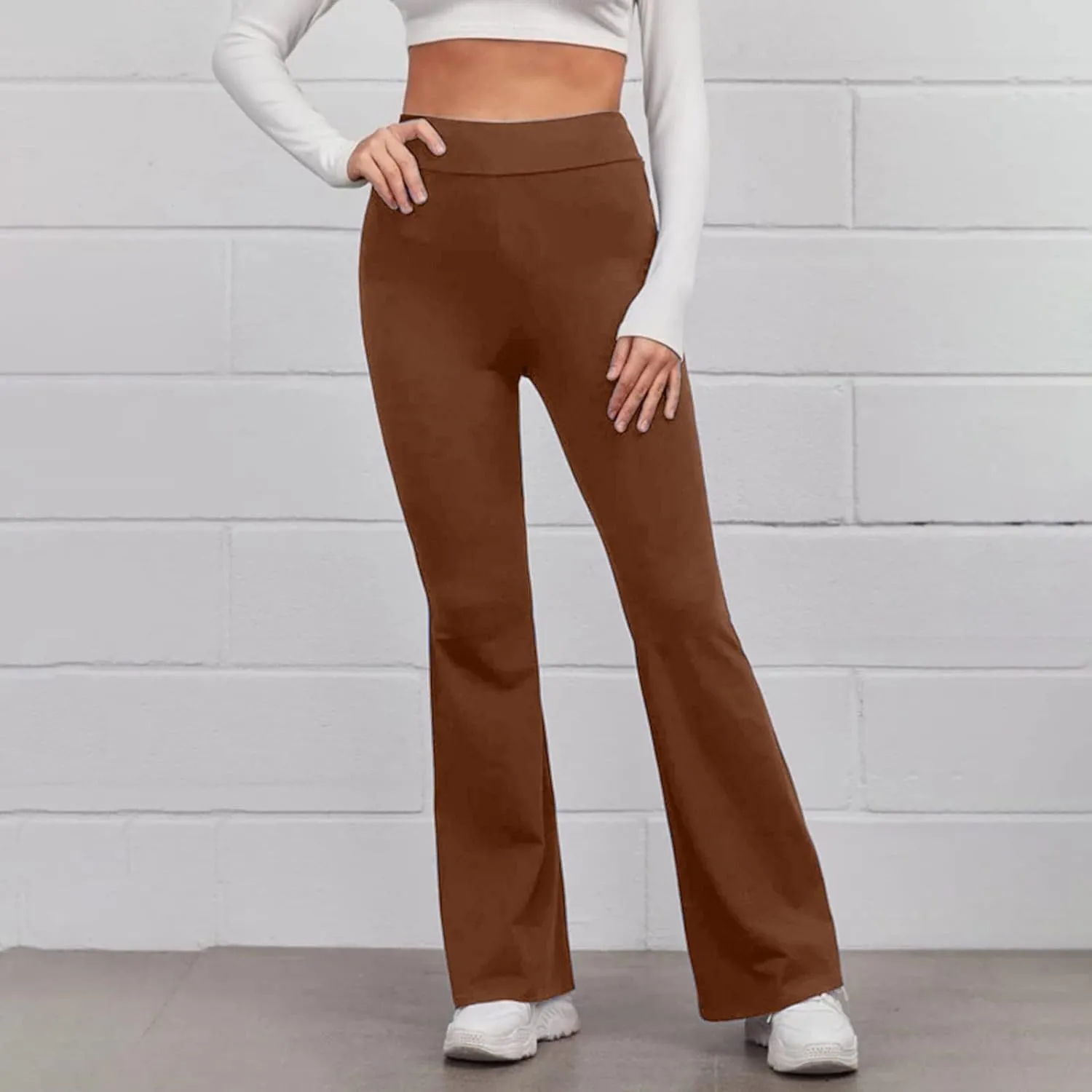 Womens Flared Trousers Casual Solid Color High Waist Yoga Pants Lightweight Pull On Stretch Tight Legging Comfy Athletic Pant