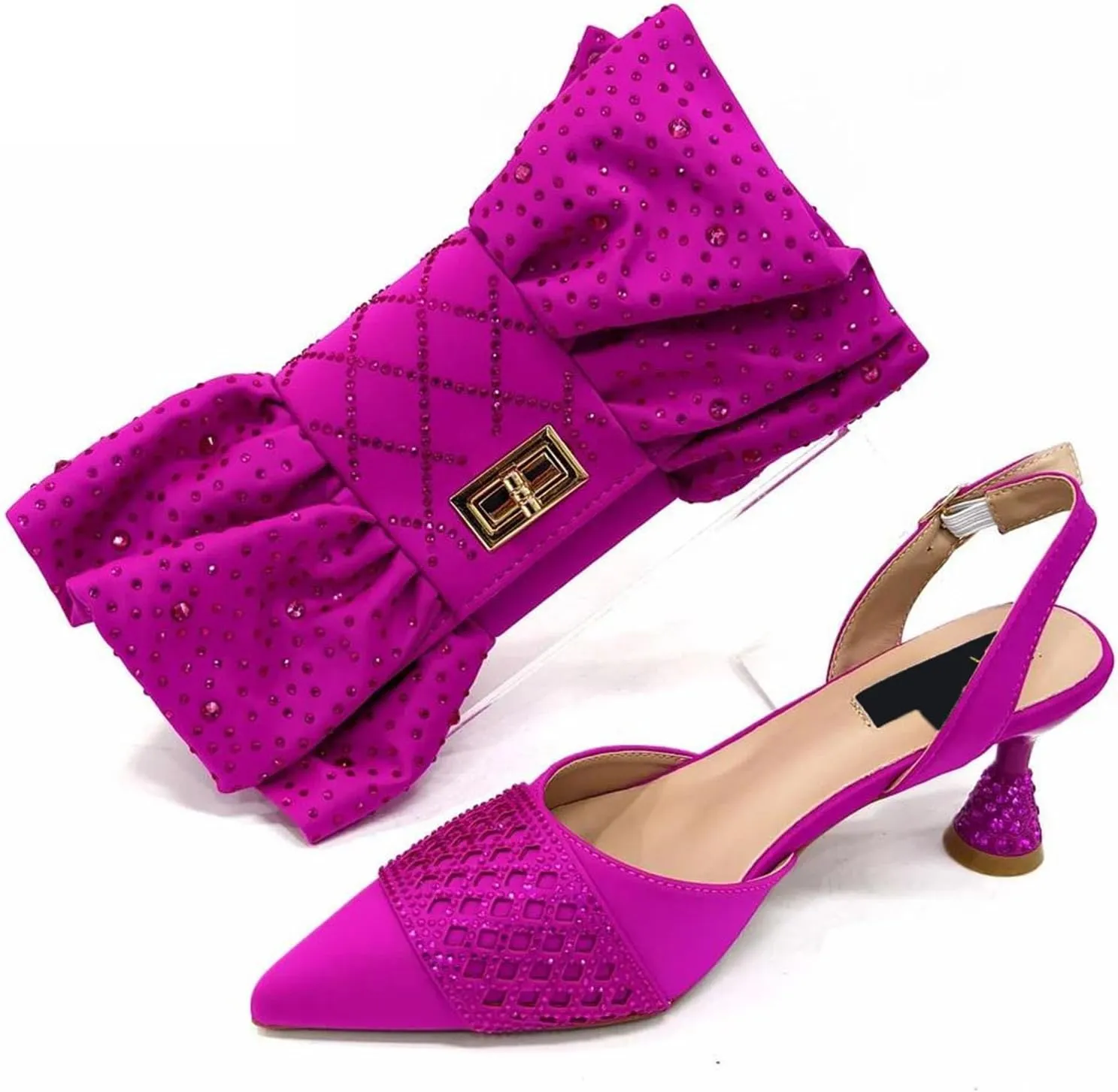 Women's Fuchsia African-Italian Fusion Set - Satin Bow-Embellished Pumps & Floral Appliqu Clutch for Spring Weddings