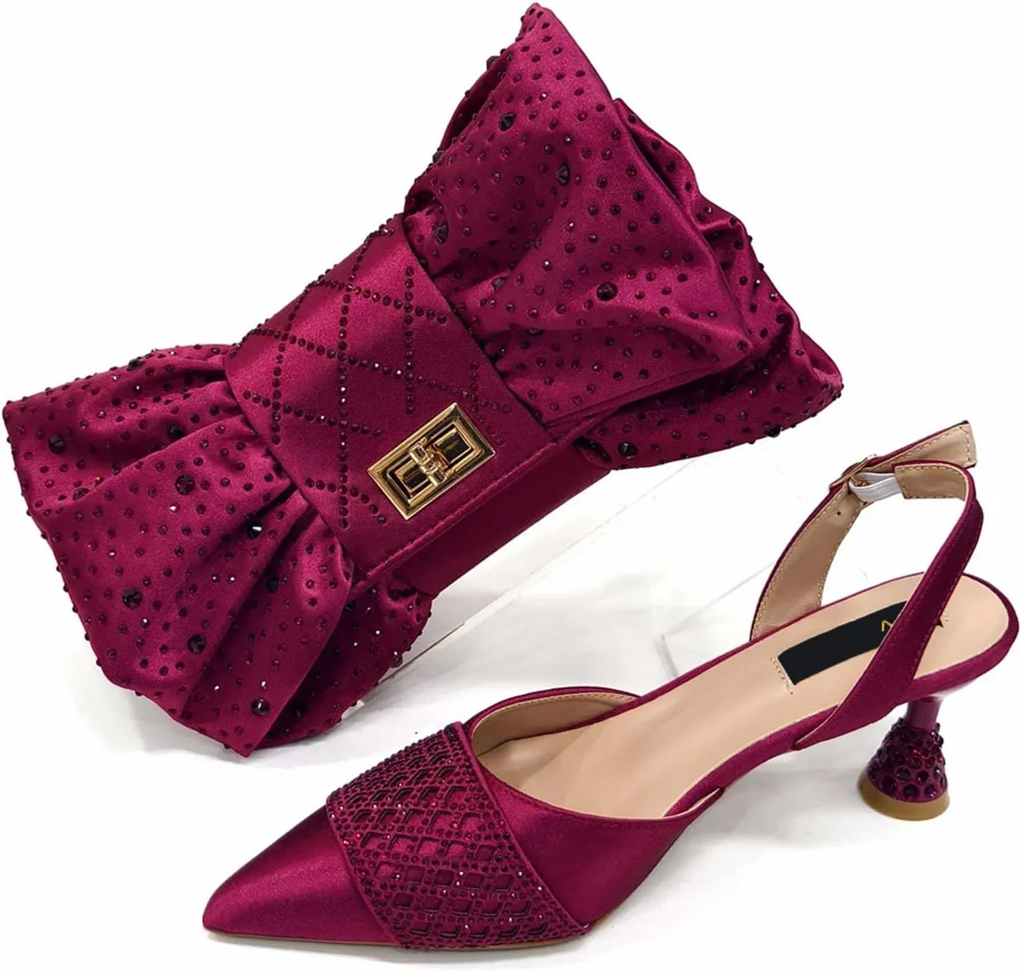 Women's Fuchsia African-Italian Fusion Set - Satin Bow-Embellished Pumps & Floral Appliqu Clutch for Spring Weddings
