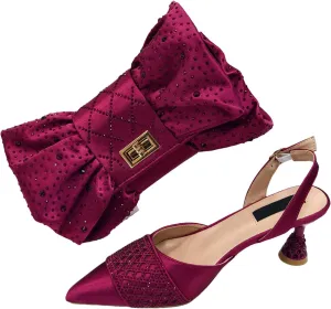 Women's Fuchsia African-Italian Fusion Set - Satin Bow-Embellished Pumps & Floral Appliqu Clutch for Spring Weddings