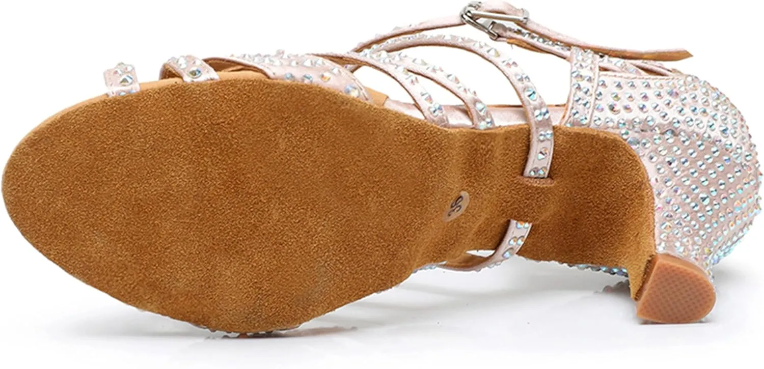 Womens Girls High Heel Dance Shoes Crystals Beaded Latin Tango Wedding Formal Party Sandals X2212