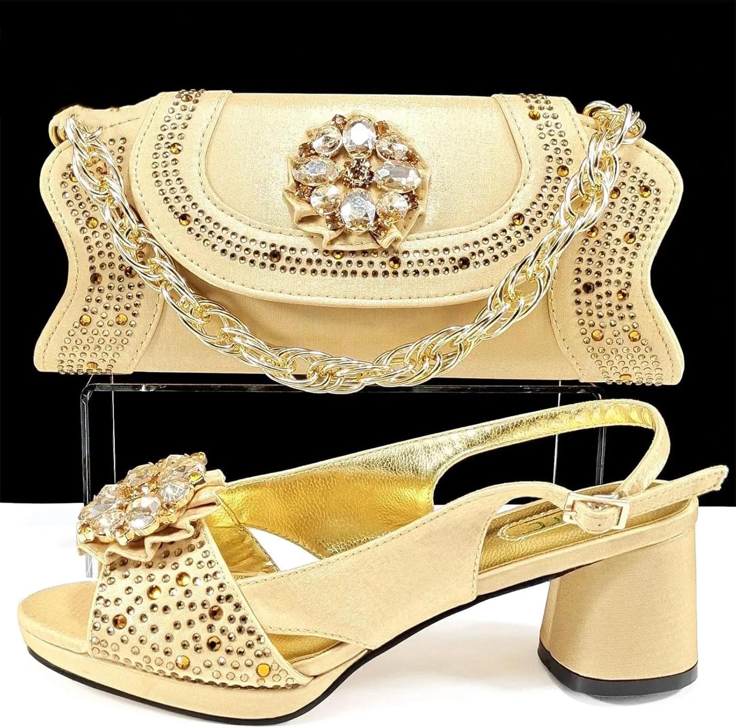 Women's Gold INS African-Italian Set - Artisan-Crafted Stilettos & Pearl-Clasp Clutch for Luxury Weddings