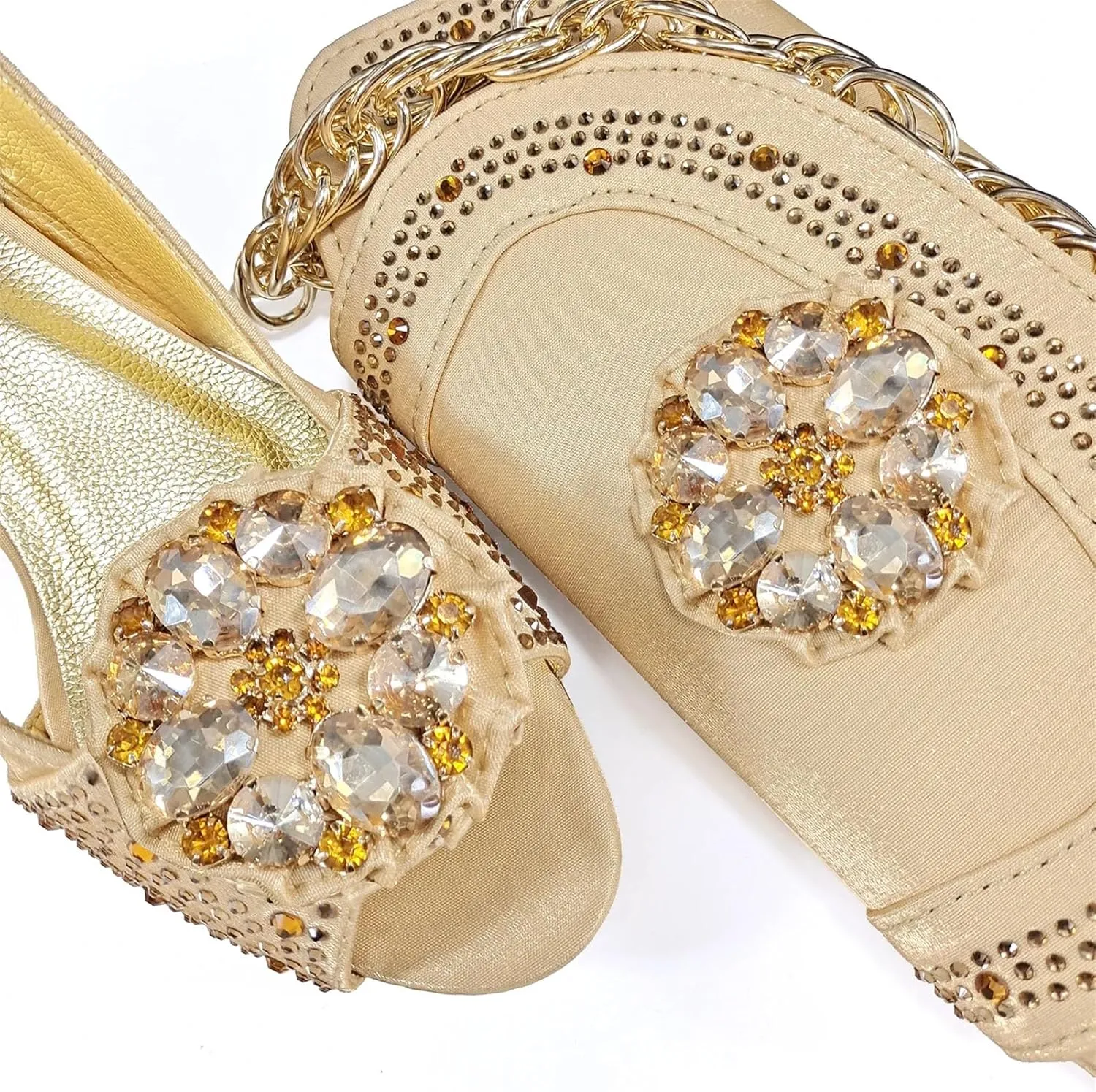 Women's Gold INS African-Italian Set - Artisan-Crafted Stilettos & Pearl-Clasp Clutch for Luxury Weddings