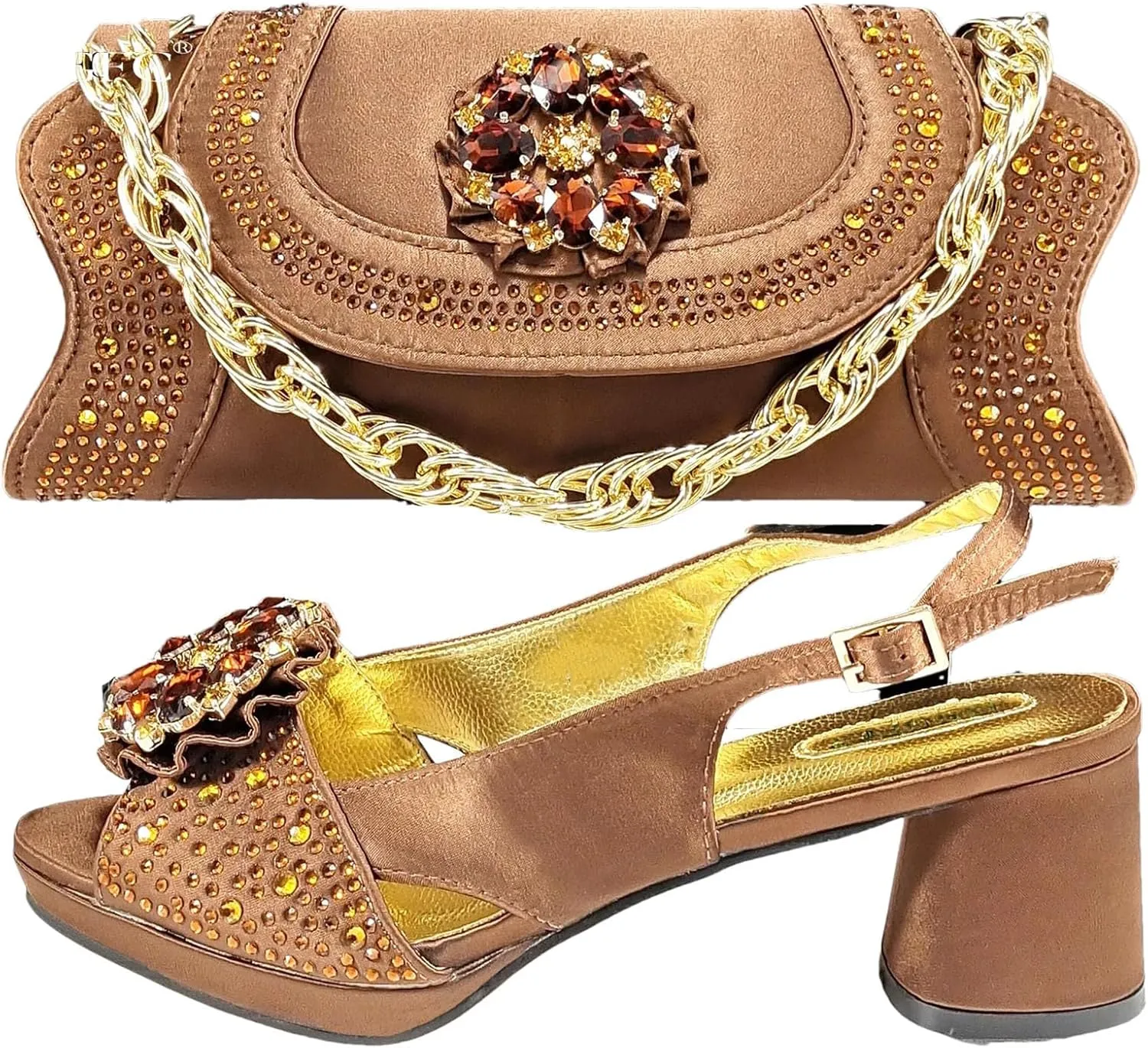 Women's Gold INS African-Italian Set - Artisan-Crafted Stilettos & Pearl-Clasp Clutch for Luxury Weddings