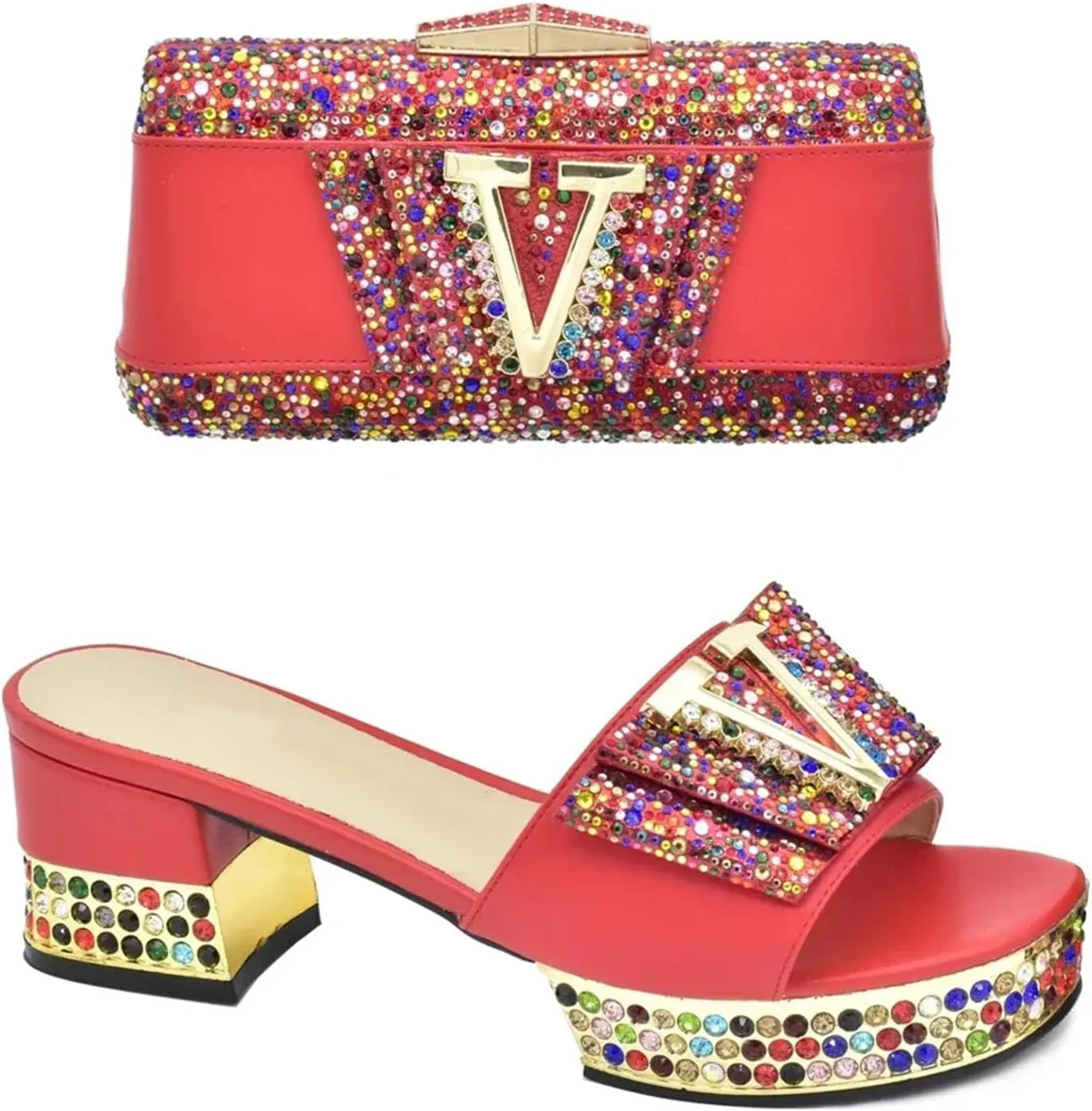 Women's Gold Nigerian Party Shoe & Bag Set - Italian Rhinestone Pumps & Matching Clutch for African Weddings