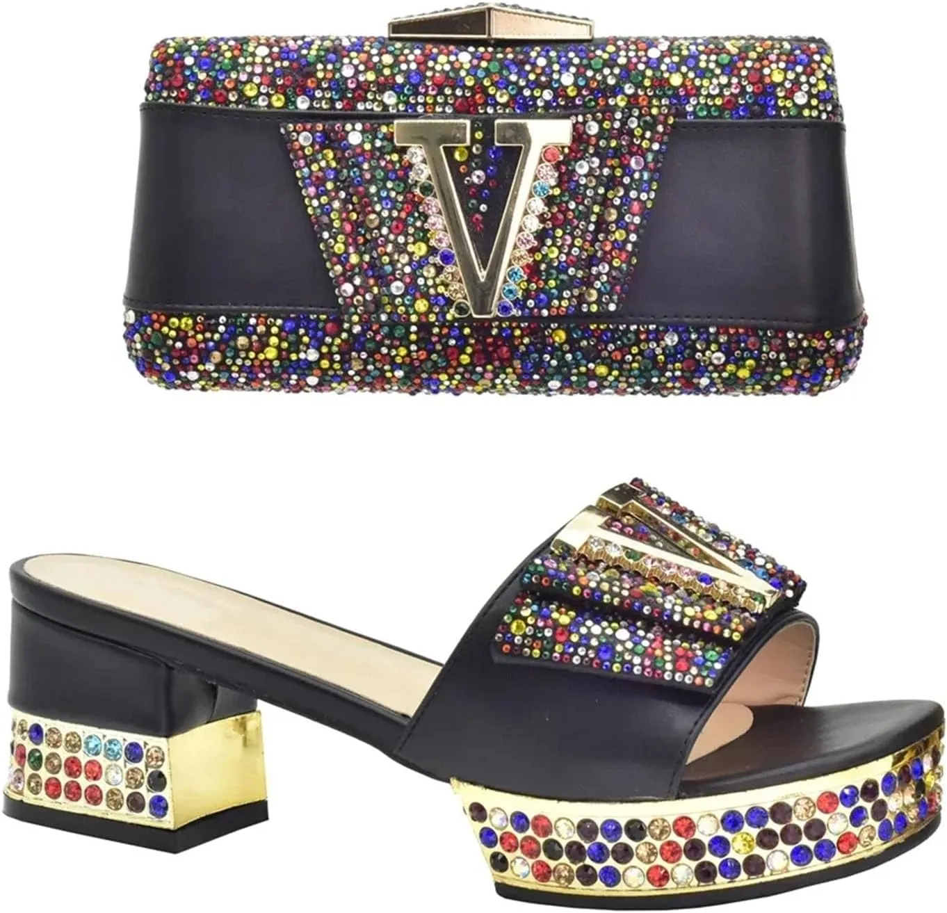 Women's Gold Nigerian Party Shoe & Bag Set - Italian Rhinestone Pumps & Matching Clutch for African Weddings