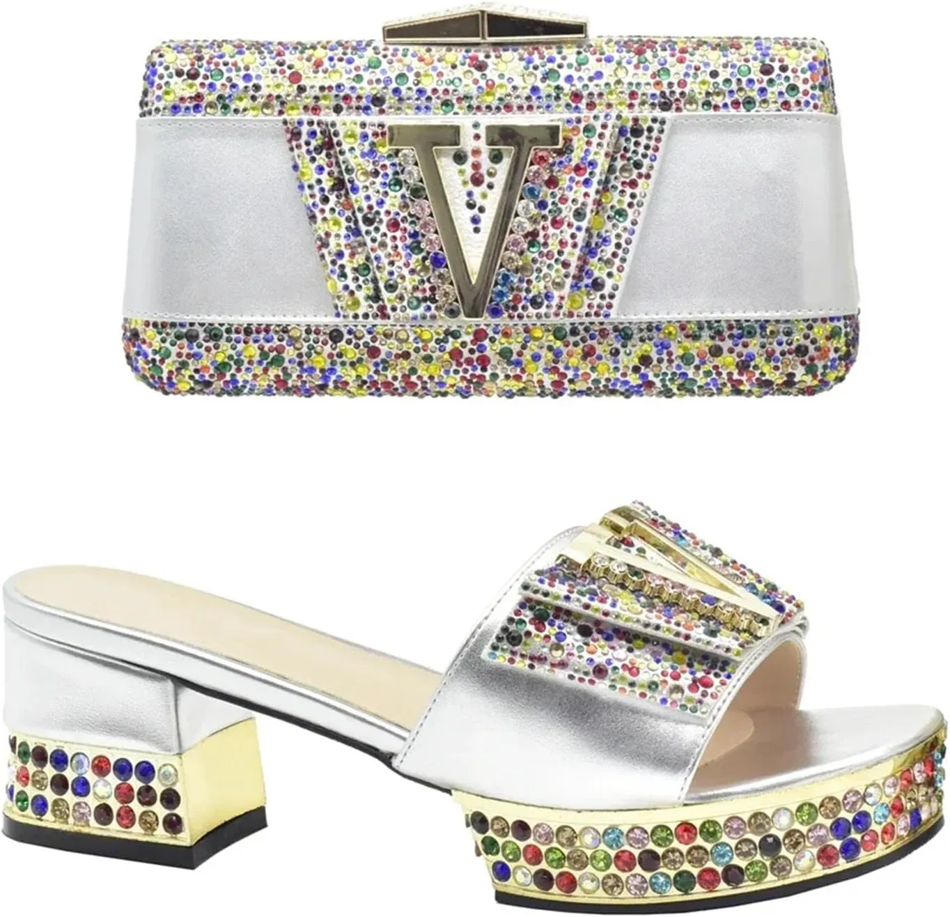 Women's Gold Nigerian Party Shoe & Bag Set - Italian Rhinestone Pumps & Matching Clutch for African Weddings
