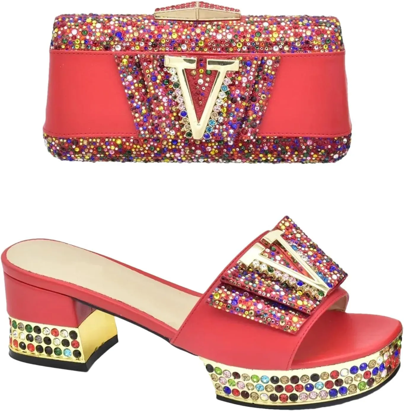 Women's Gold Nigerian Party Shoe & Bag Set - Italian Rhinestone Pumps & Matching Clutch for African Weddings
