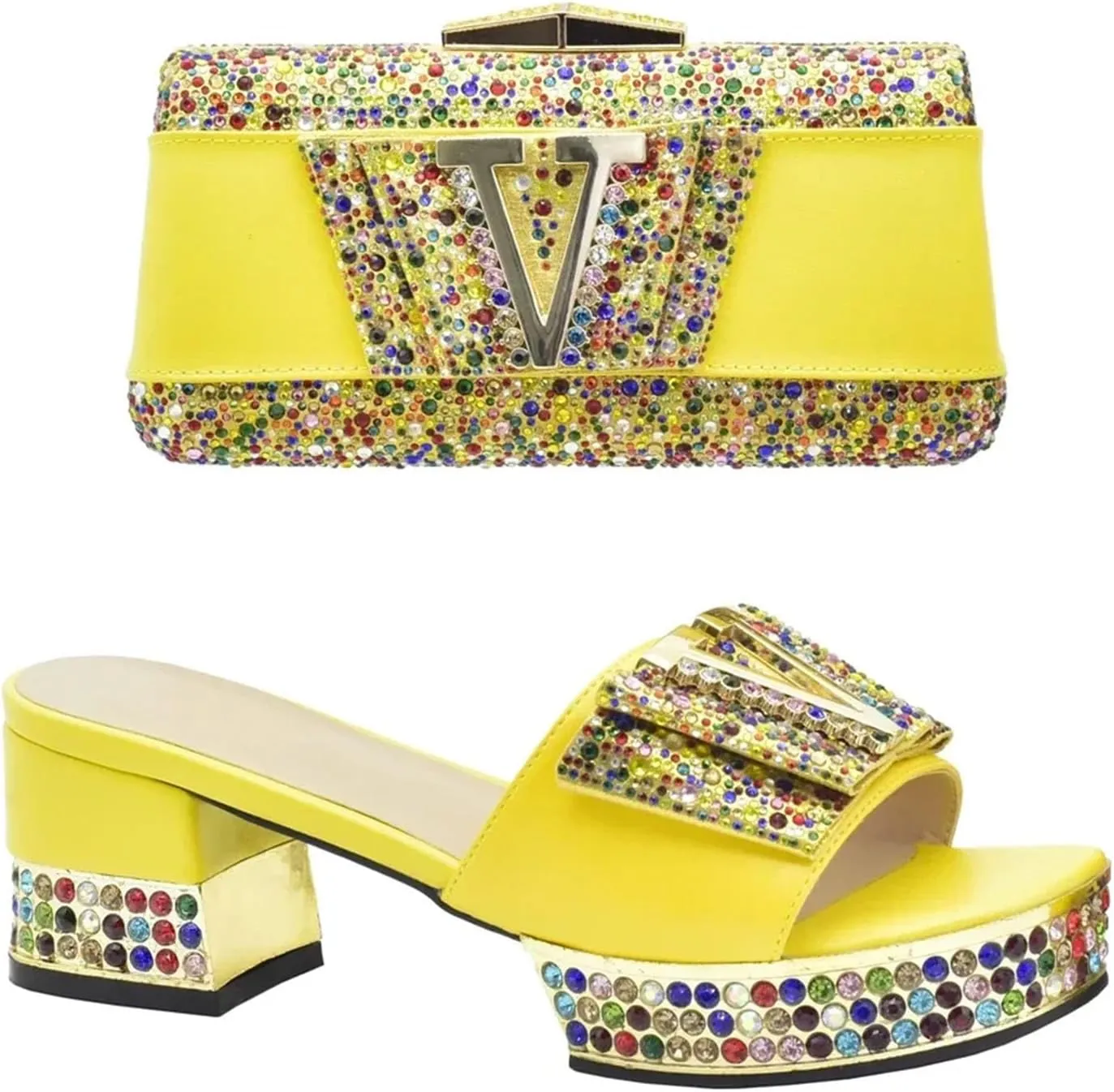 Women's Gold Nigerian Party Shoe & Bag Set - Italian Rhinestone Pumps & Matching Clutch for African Weddings