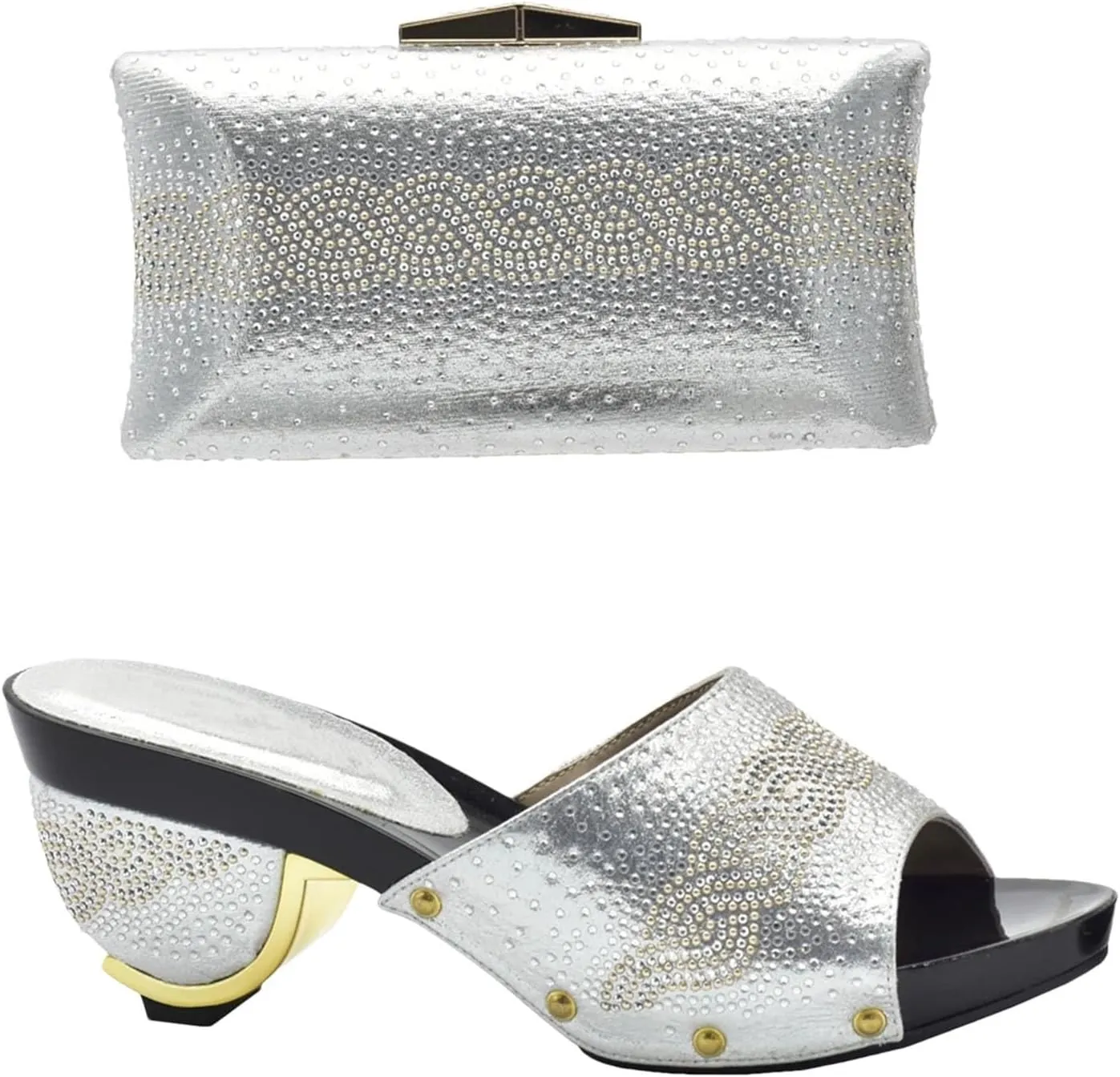 Women's Gold Rhinestone Shoe & Bag Set - Nigerian-Italian Pumps & Clutch for Weddings and Evening Events