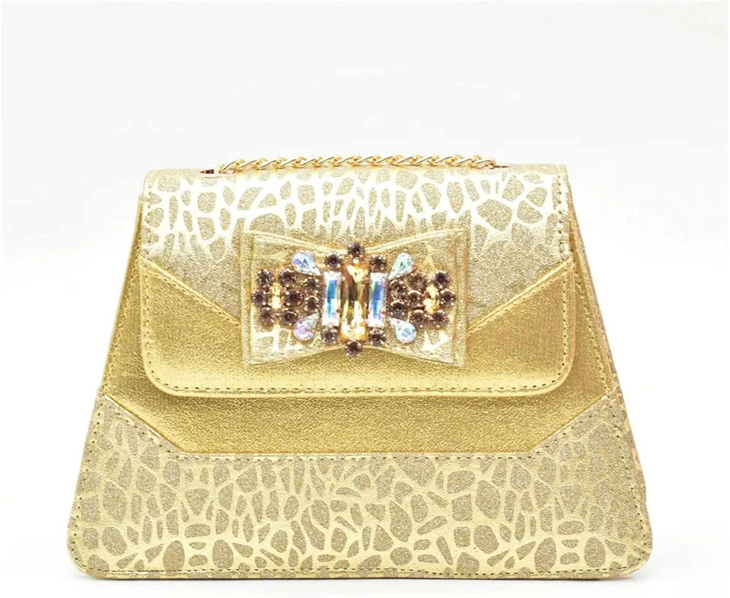 Women's Gold-Tone Nigerian Royal Set - Hammered Metal Pumps & Embossed Leather Clutch for Traditional Palace Weddings