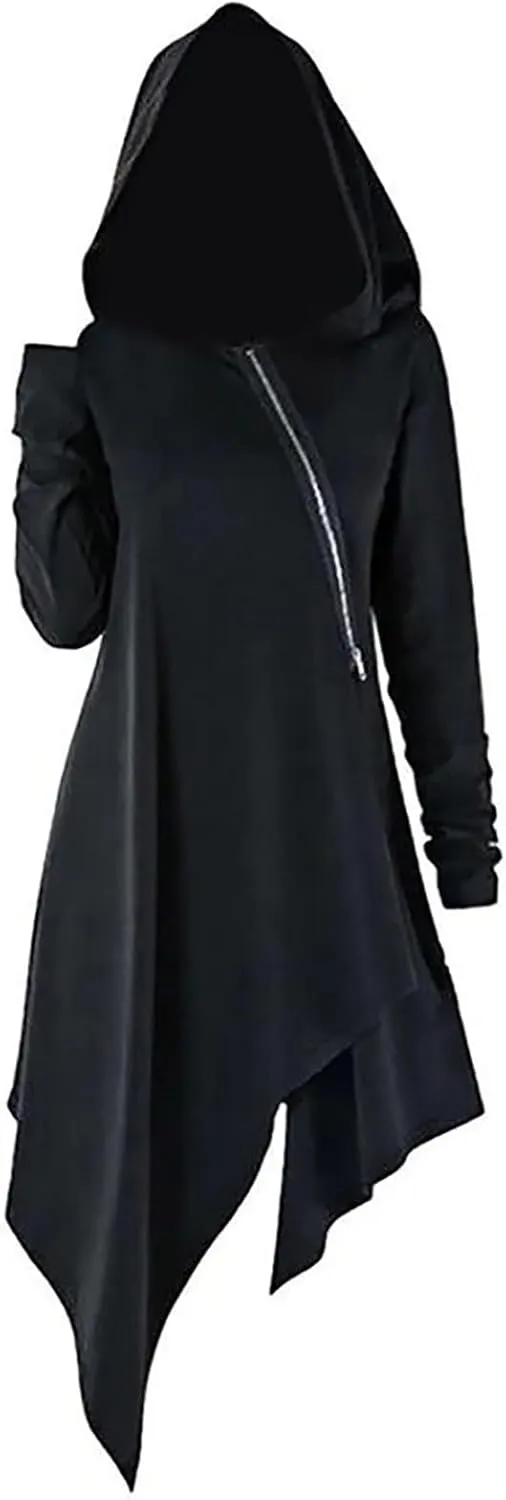 Women's Gothic Top Plus Size Knitted Halloween Vampires Witch Cloak Long Sleeve Sweatshirts Hoodies High Low Hem Dress