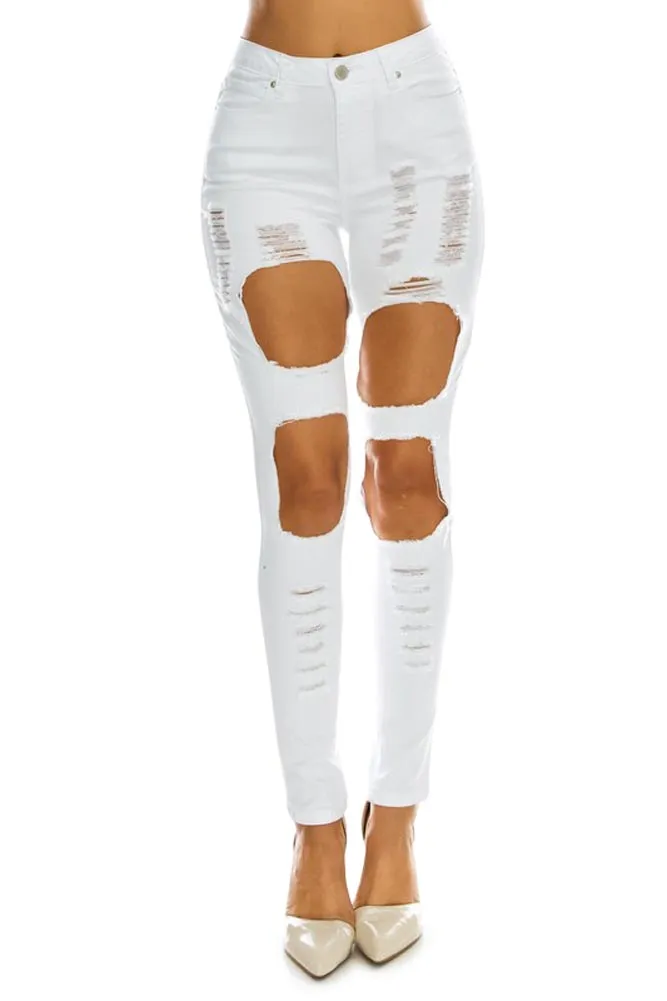 Women's High Rise Destroyed Twill Denim Jeans