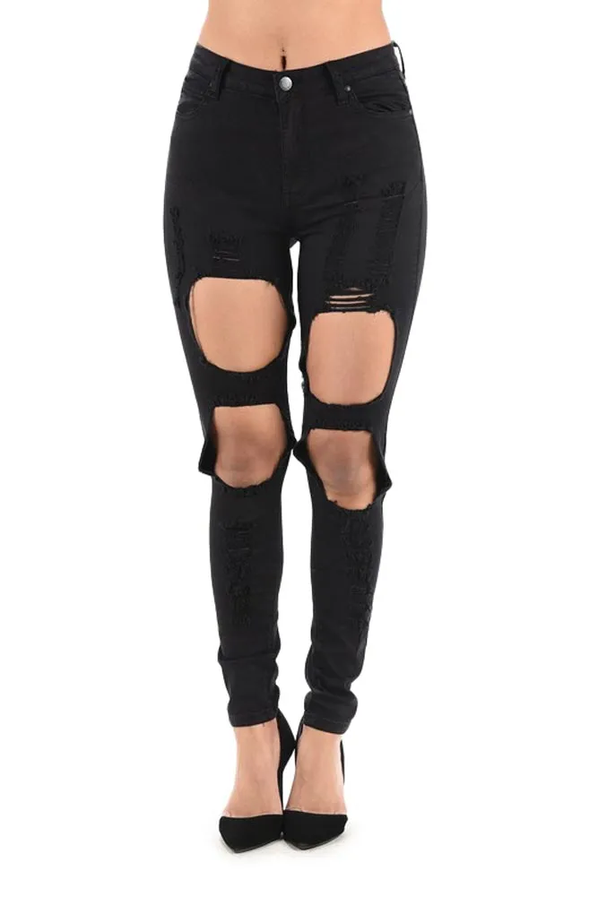 Women's High Rise Destroyed Twill Denim Jeans