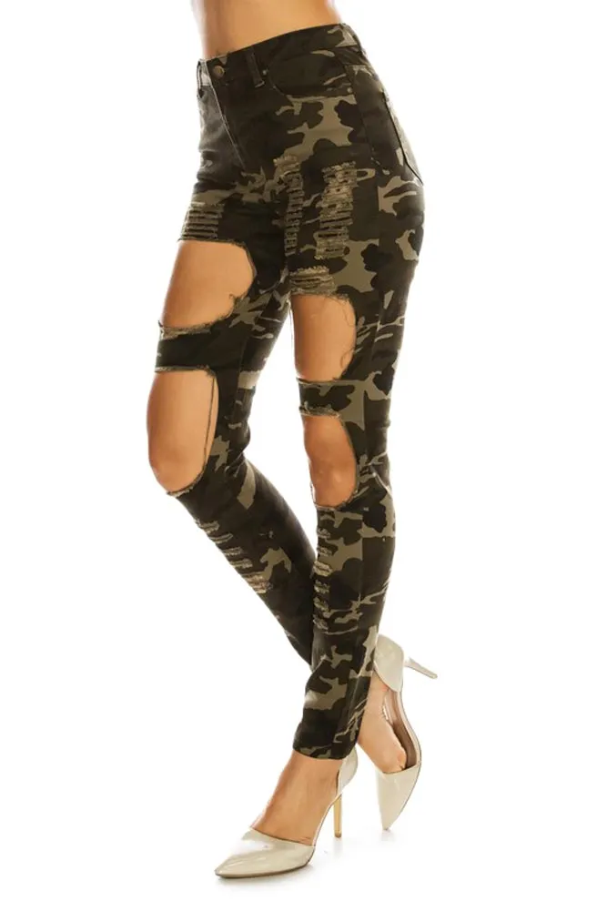 Women's High Rise Destroyed Twill Denim Jeans