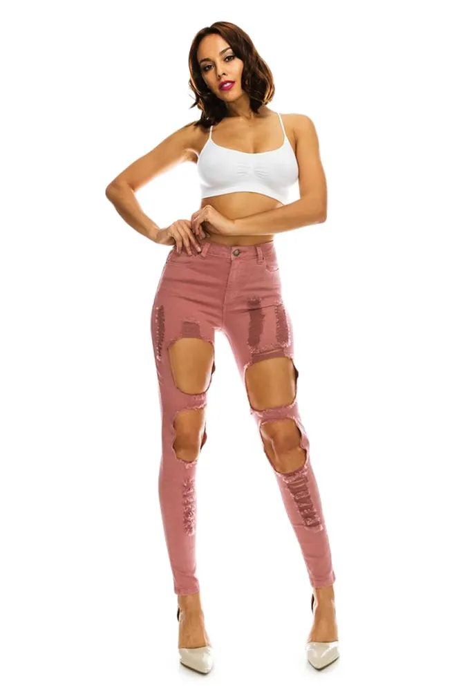 Women's High Rise Destroyed Twill Denim Jeans
