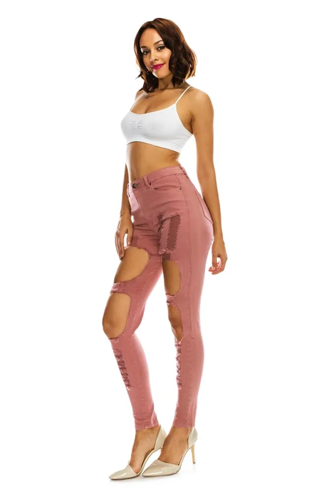 Women's High Rise Destroyed Twill Denim Jeans
