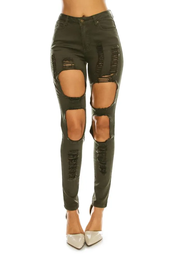 Women's High Rise Destroyed Twill Denim Jeans