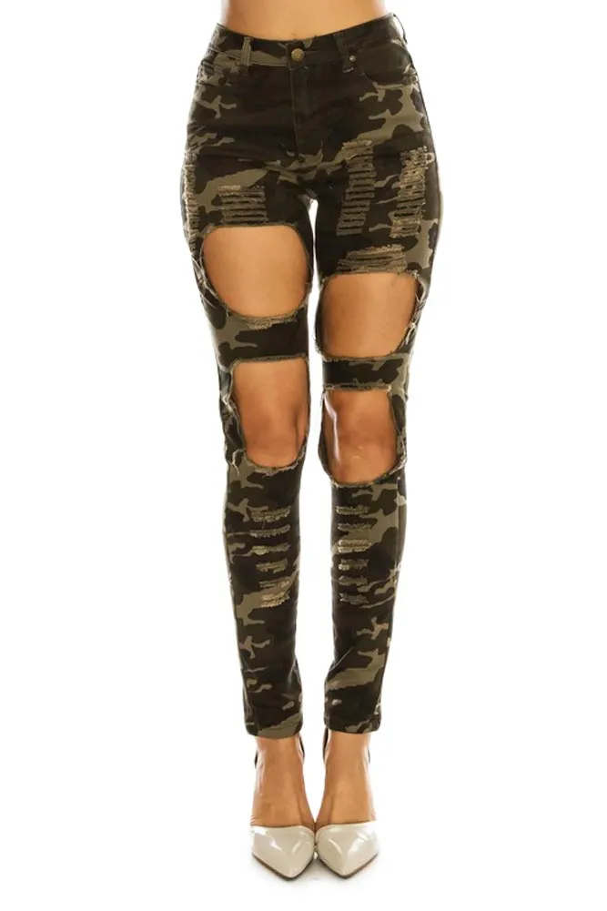 Women's High Rise Destroyed Twill Denim Jeans
