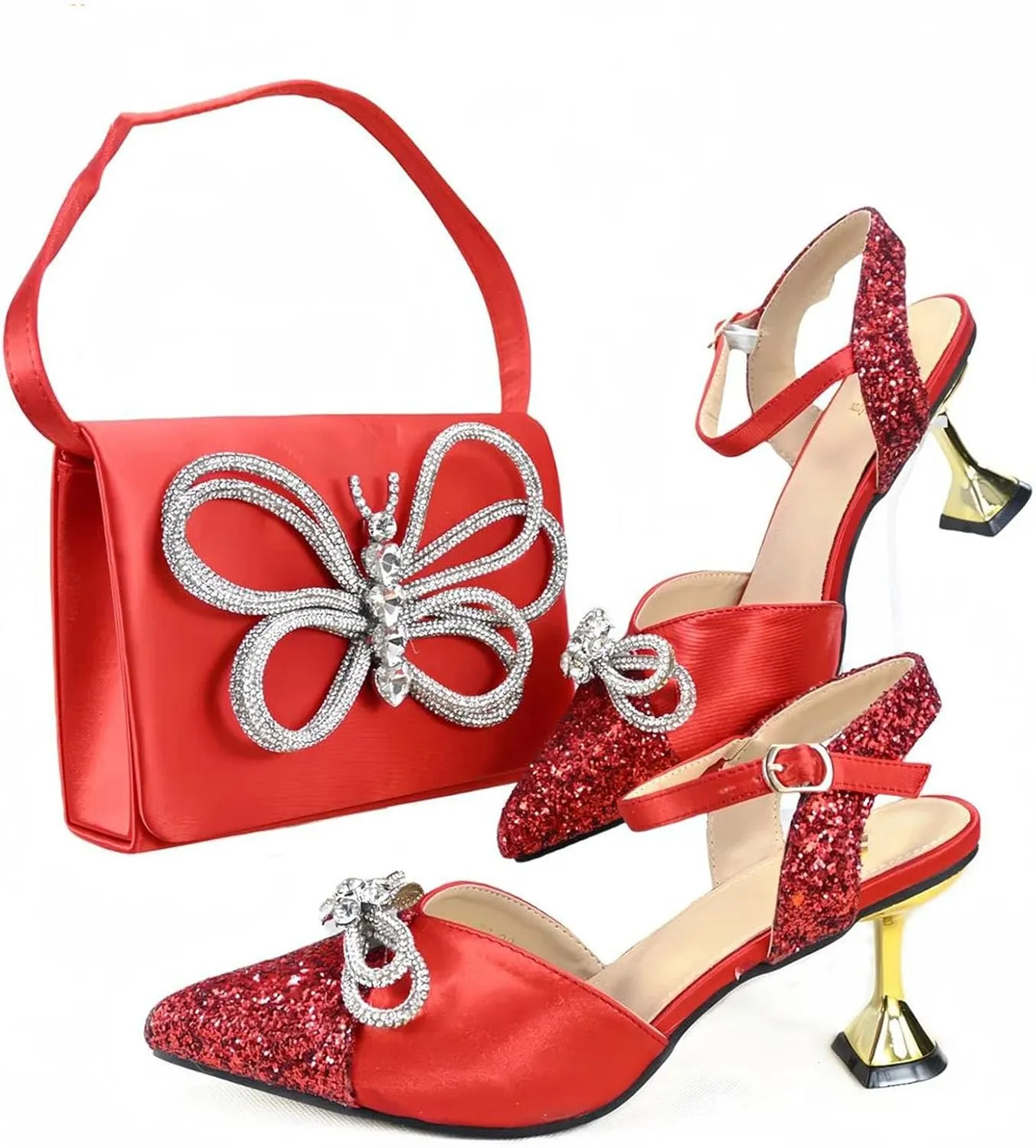 Women's Italian Mature Red Pointed Toe Pumps & Clutch Set - Elegant Wedding Shoes and Bag