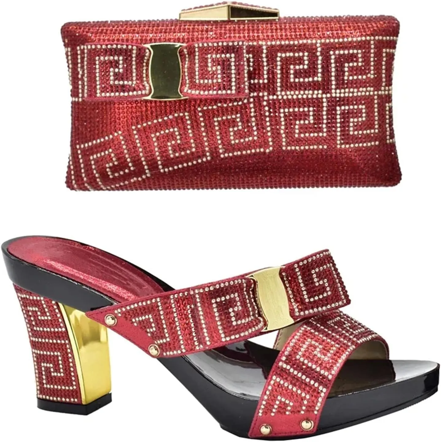 Women's Italian Rhinestone Shoe & Bag Set - African-Inspired Pumps & Clutch for Weddings and Party Celebrations