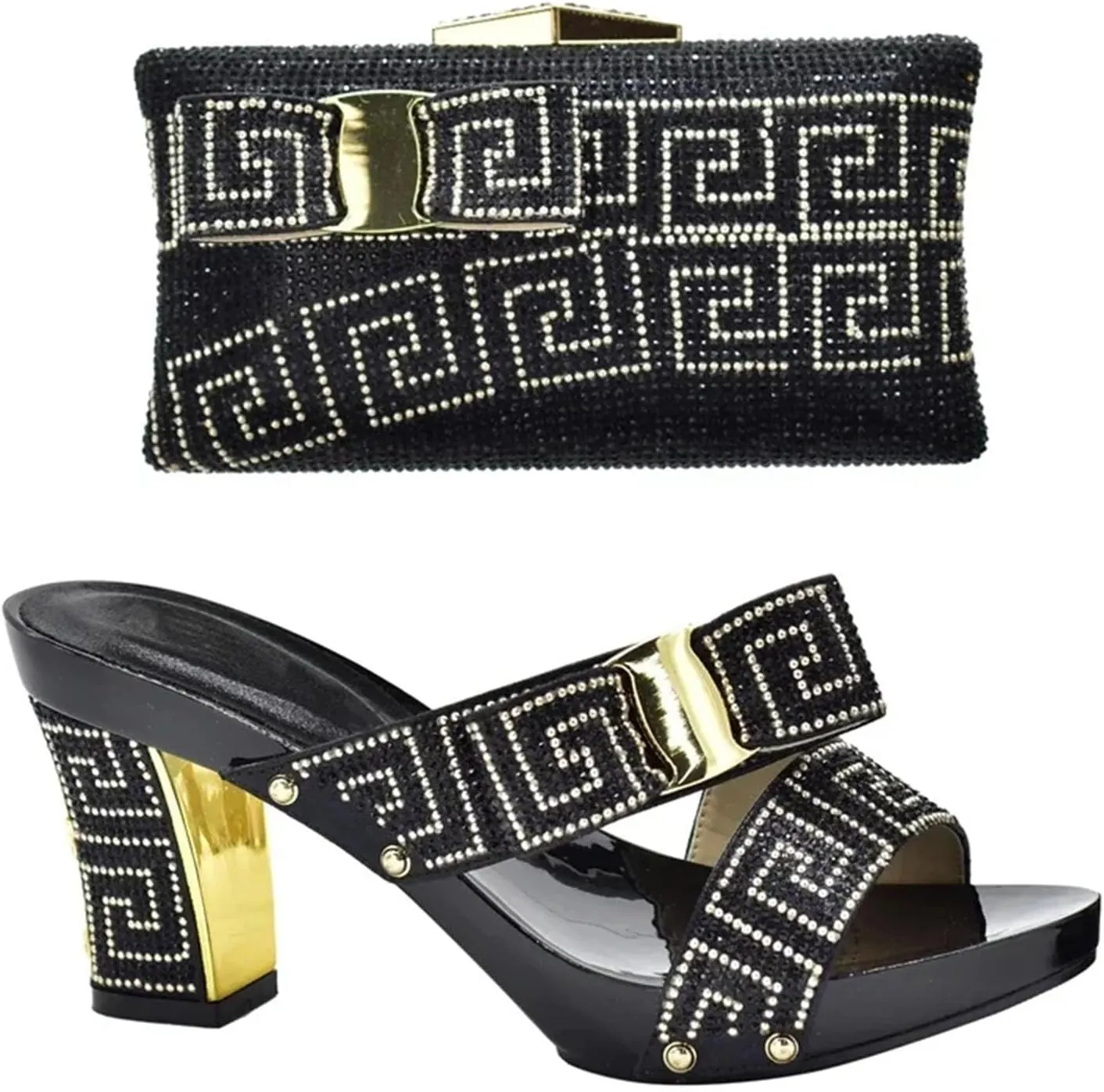 Women's Italian Rhinestone Shoe & Bag Set - African-Inspired Pumps & Clutch for Weddings and Party Celebrations