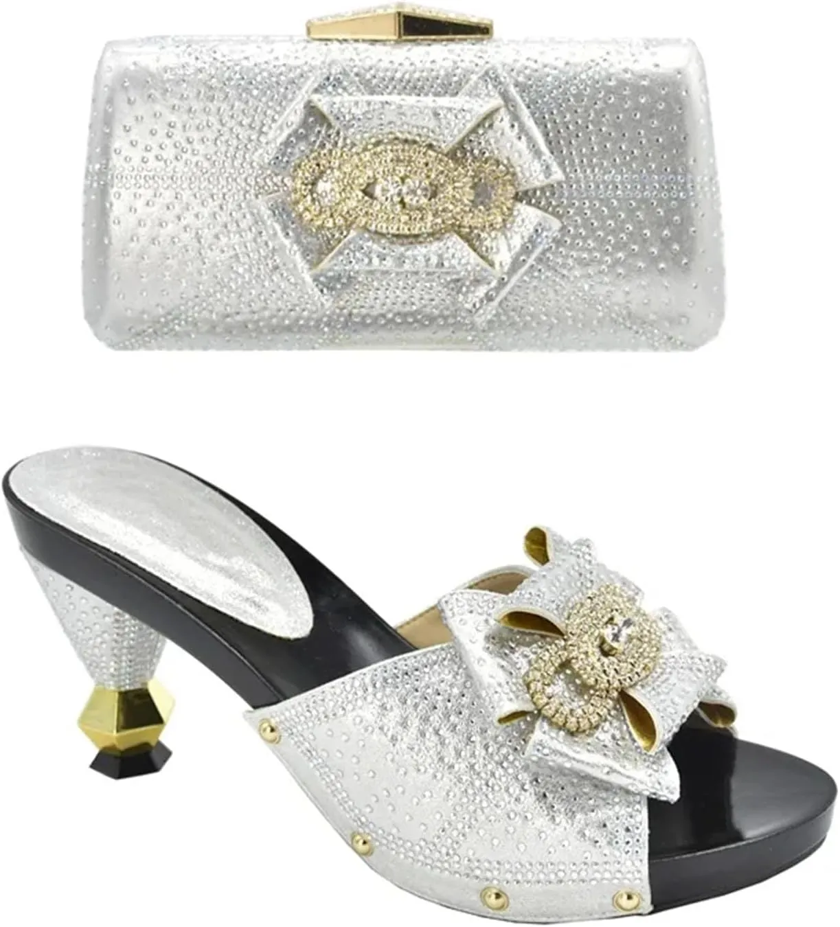 Women's Italian Sandal & Bag Set - Rhinestone-Embellished Pumps & Clutch for Nigerian Women's Parties