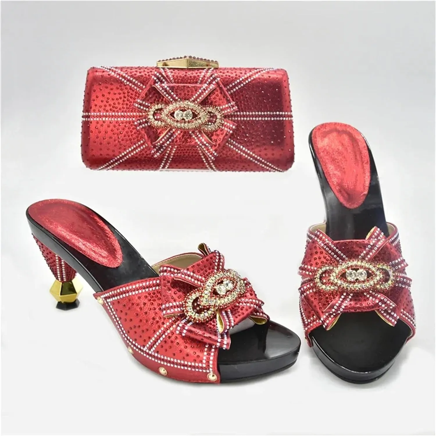 Women's Italian Sandal & Bag Set - Rhinestone-Embellished Pumps & Clutch for Nigerian Women's Parties