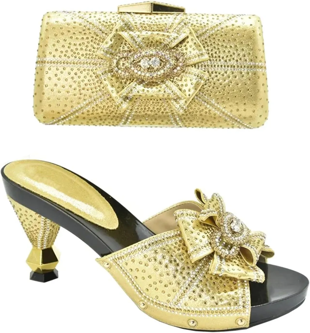 Women's Italian Sandal & Bag Set - Rhinestone-Embellished Pumps & Clutch for Nigerian Women's Parties