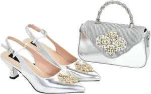 Women's Italian Wedding Shoe & Bag Set - Designer Pointed Toe Party Pumps & Matching Clutch