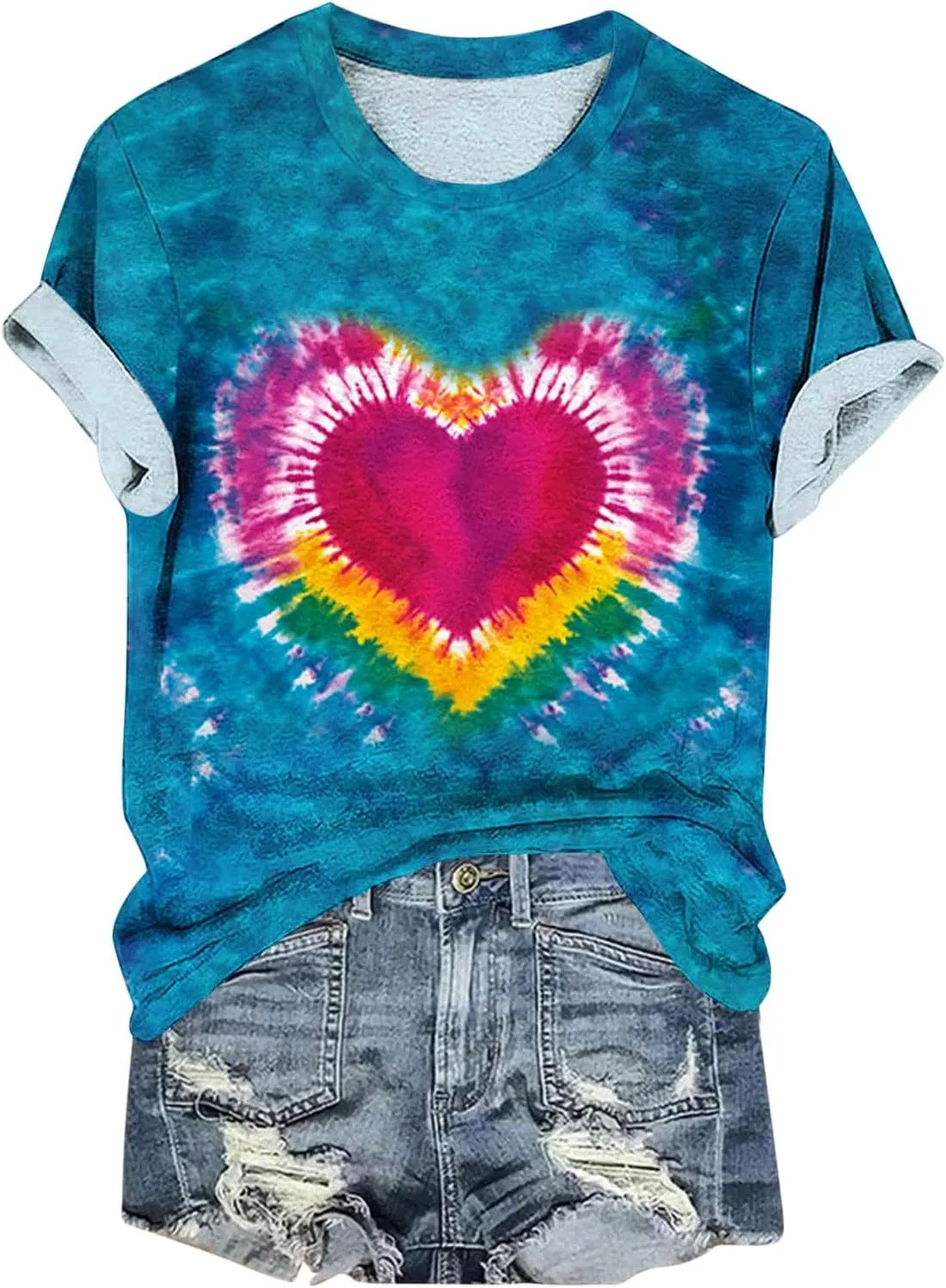Women's Juniors Heart Tie Dye Short Sleeve T Shirt Plus Size Summer Tops Casual Loose Rainbow Tees Hip Hop Shirts