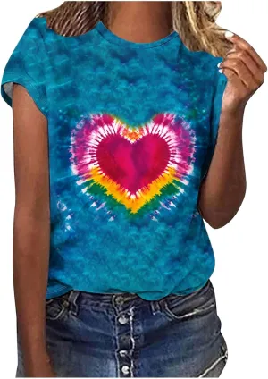Women's Juniors Heart Tie Dye Short Sleeve T Shirt Plus Size Summer Tops Casual Loose Rainbow Tees Hip Hop Shirts