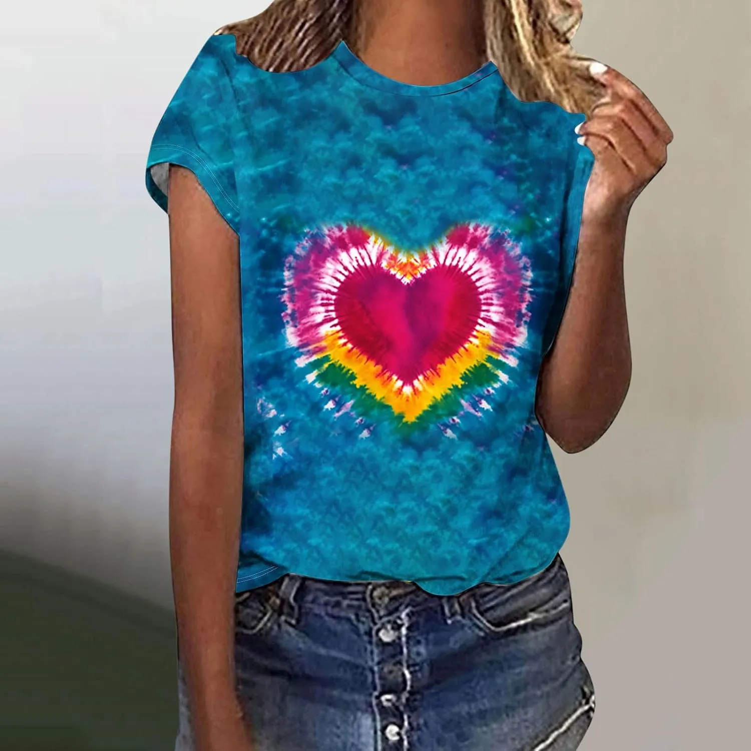 Women's Juniors Heart Tie Dye Short Sleeve T Shirt Plus Size Summer Tops Casual Loose Rainbow Tees Hip Hop Shirts