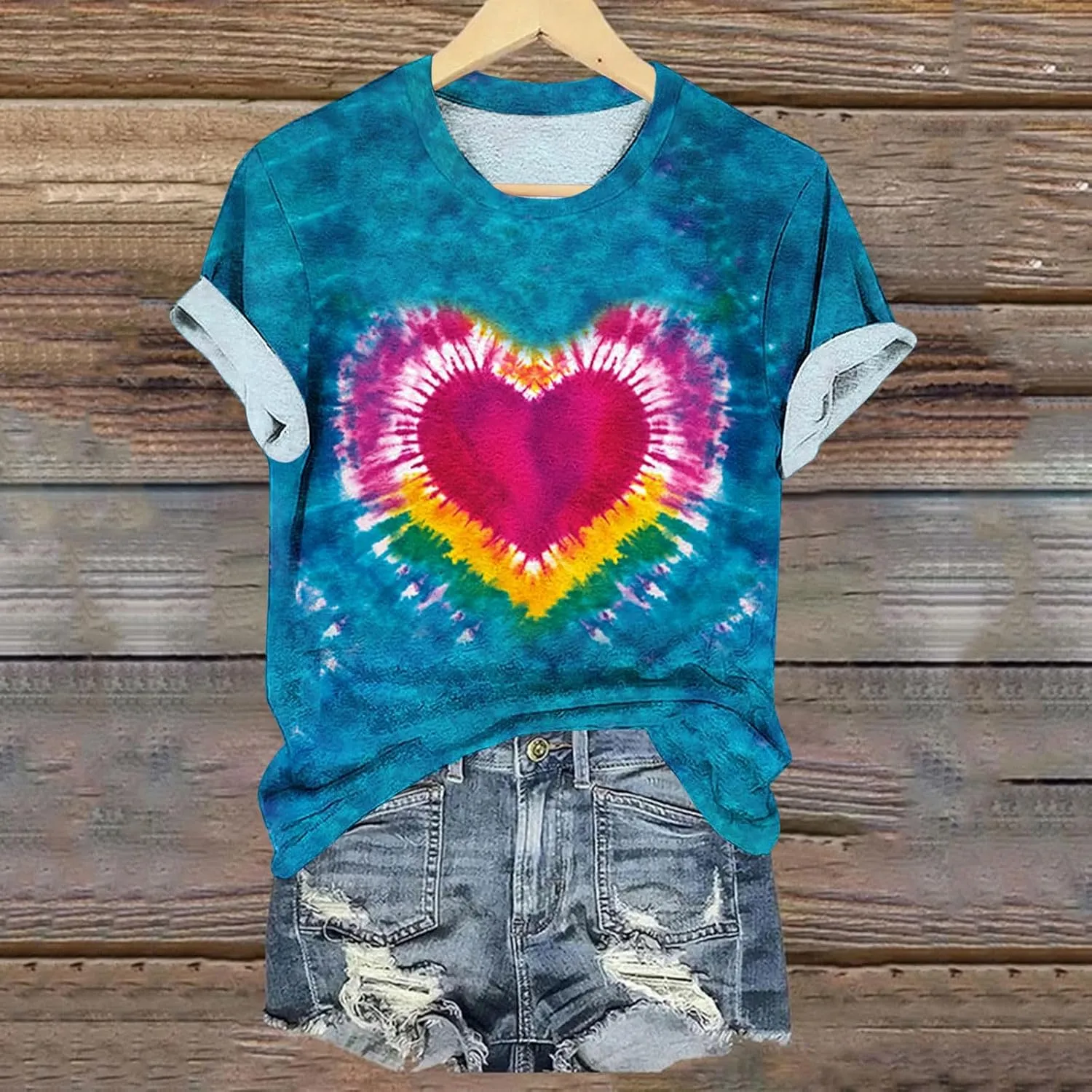 Women's Juniors Heart Tie Dye Short Sleeve T Shirt Plus Size Summer Tops Casual Loose Rainbow Tees Hip Hop Shirts