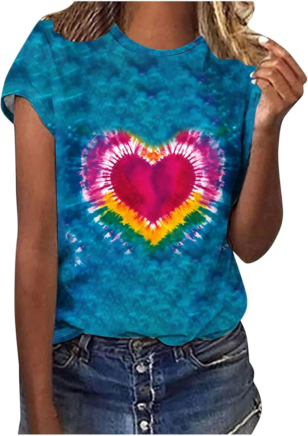 Women's Juniors Heart Tie Dye Short Sleeve T Shirt Plus Size Summer Tops Casual Loose Rainbow Tees Hip Hop Shirts
