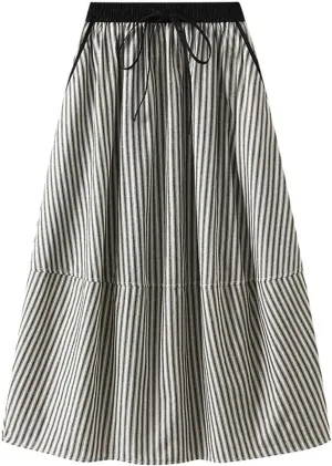 Women's Lantern Midi Skirt A-Line Striped High Waist Skirts Pleated Flowy Summer Beach Skirt